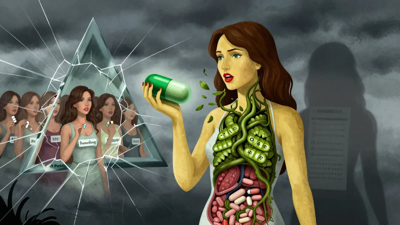 A woman holds a green tea capsule turning into a choking vine, her skin yellowing as shadow reveals transplant lists.