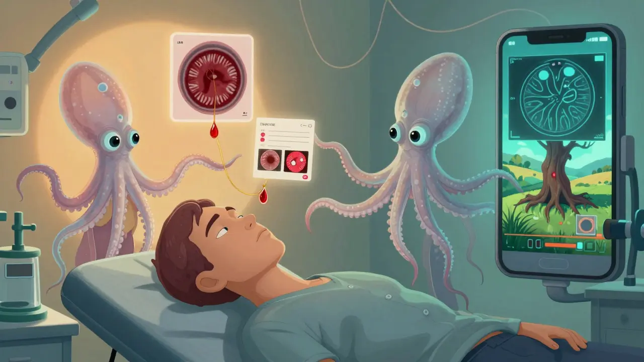 AI octopuses analyze retinal images in a surreal clinic, sealing leaking vessels with golden threads.