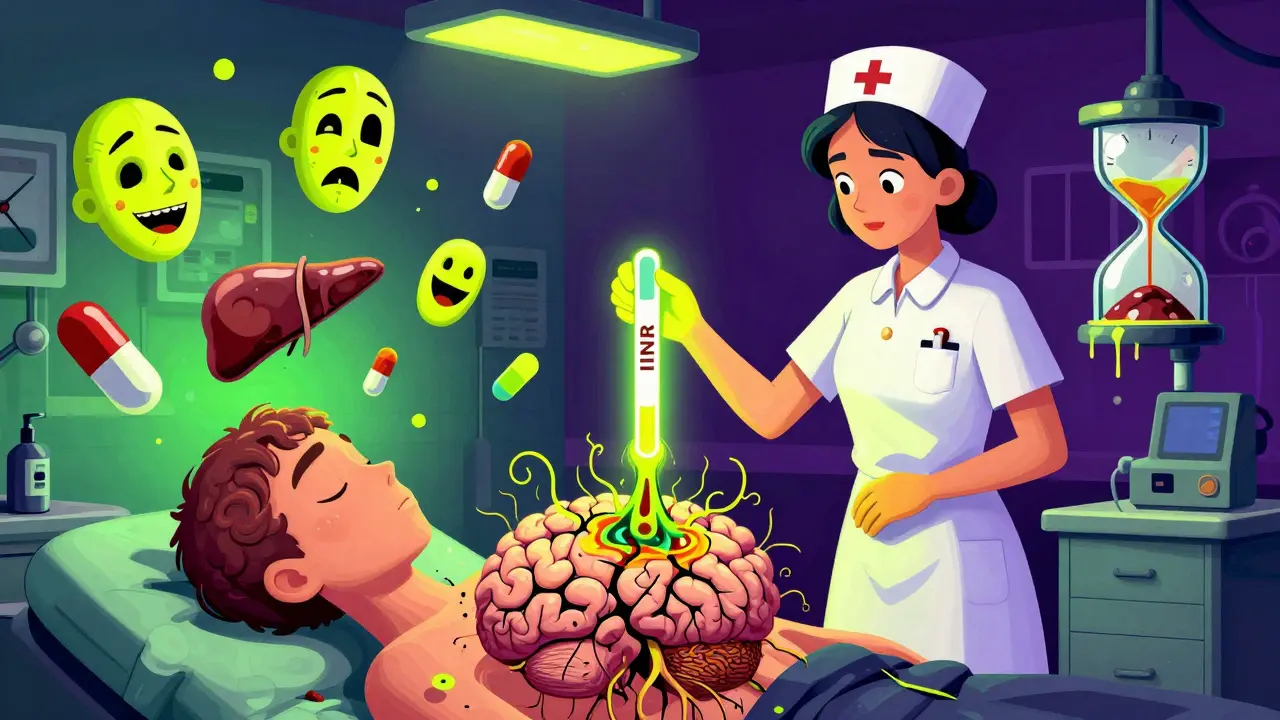 An emergency room scene with a glowing INR test root invading a patient's brain, surrounded by screaming pills.