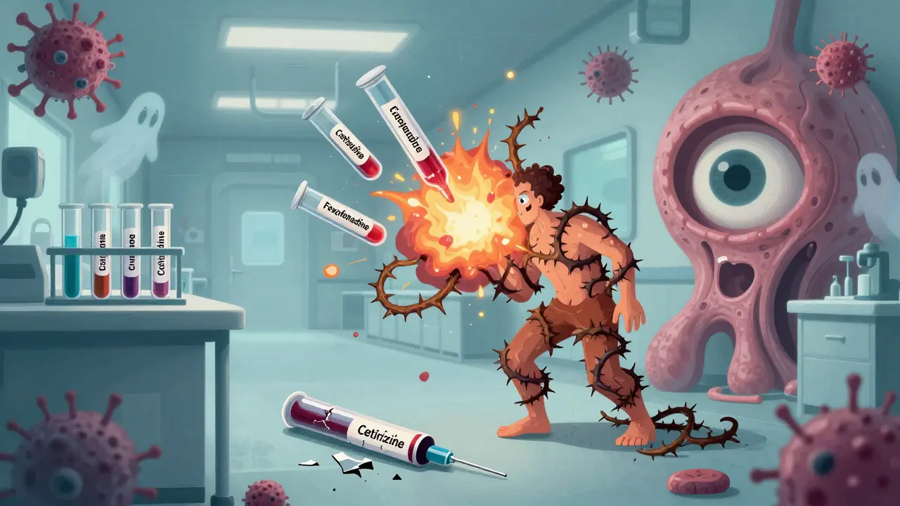 Antihistamine pills exploding into thorny vines around a person, with broken skin test needle and floating pathogens.