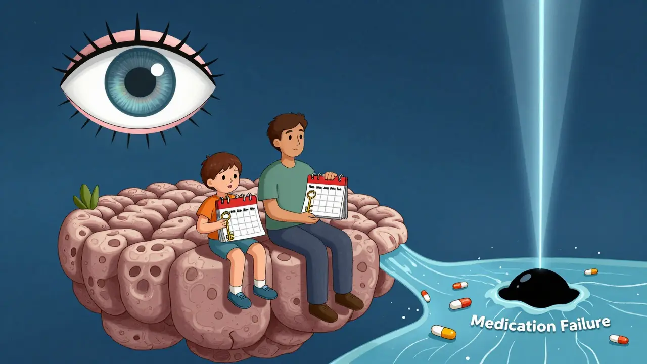 Child and adult on a hippocampal island, keys in hand, as pills drain into a black hole below.