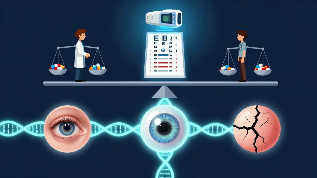Genetic code splitting into three eye outcomes, balanced by steroid pills and an eye exam, with a home monitor glowing above.