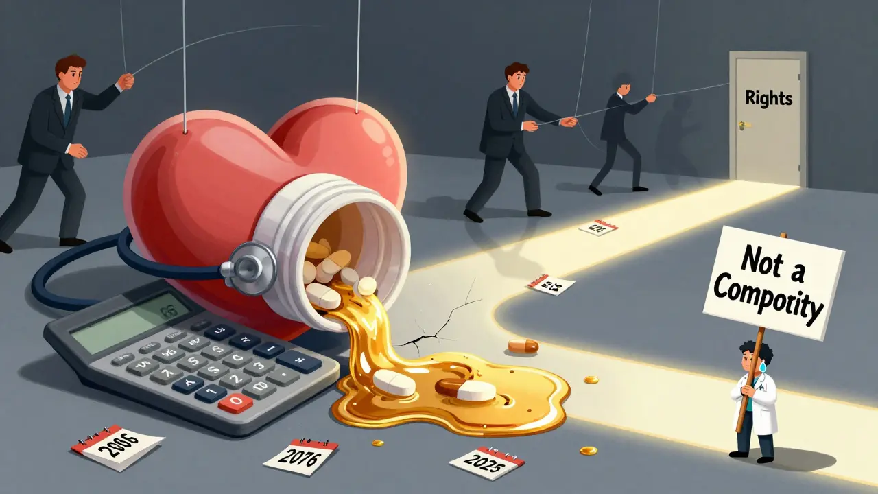 Heart-shaped pill bottle leaking money into a cracked calculator, doctor’s stethoscope as lifeline, PBMs pulling strings above.
