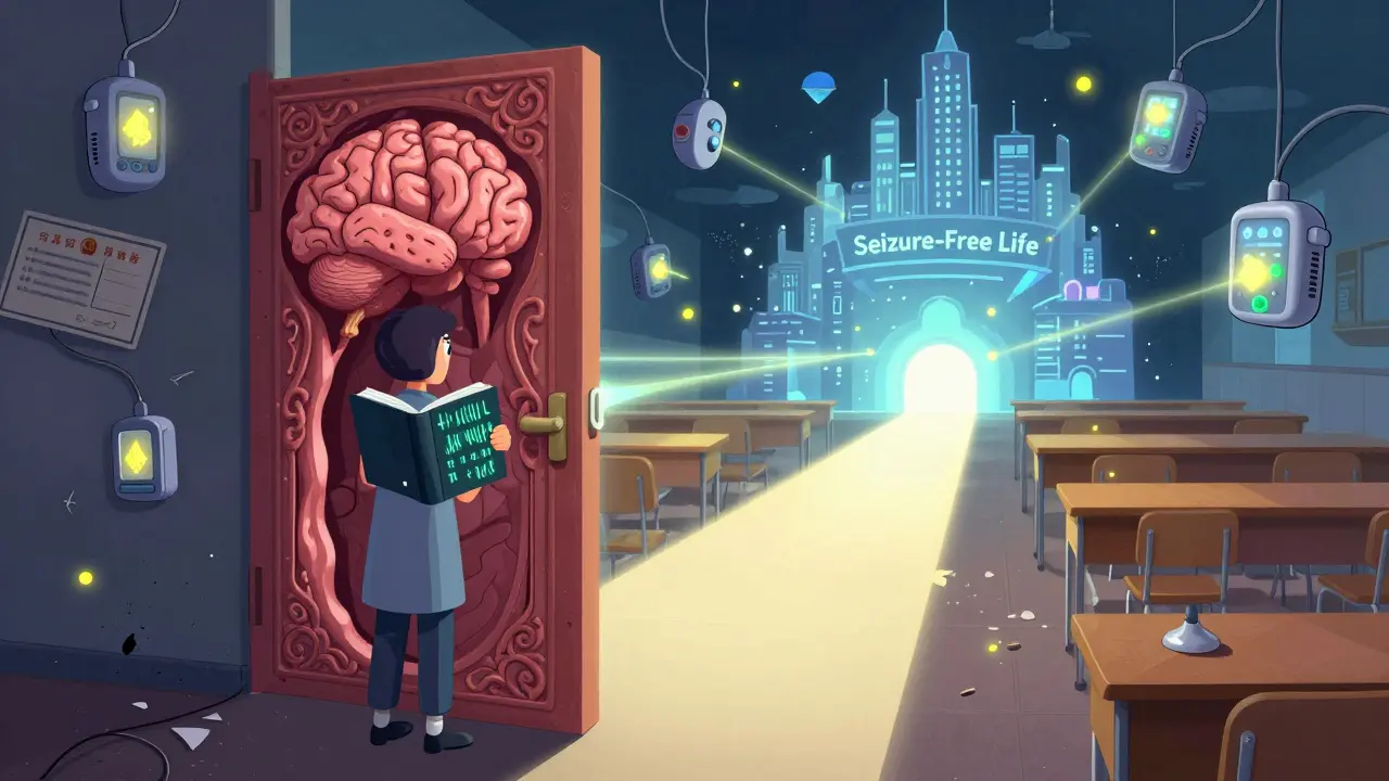 Person at a brain-shaped door, leaving behind a faded life for a radiant path to seizure freedom.