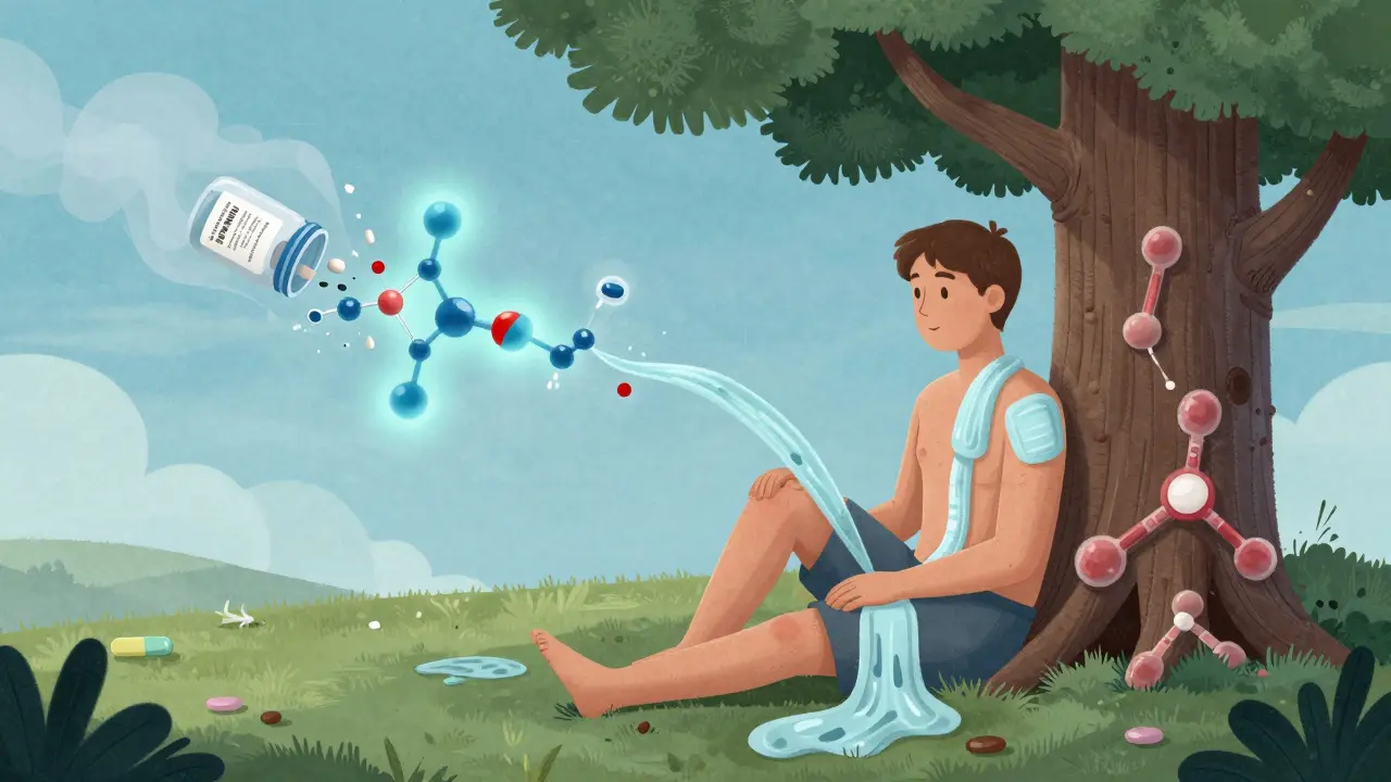 Person healed under a tree of antibodies, cool compresses falling from sky, shattered pill bottle dissolving behind.