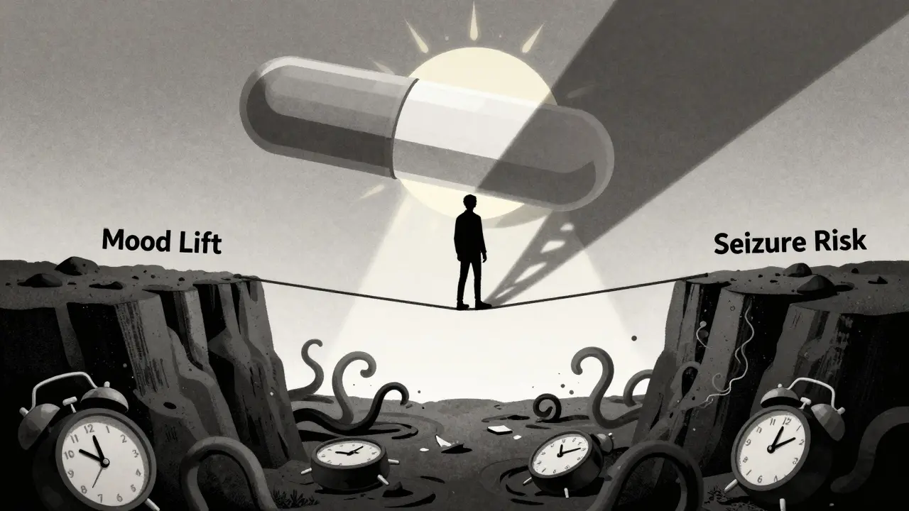 Person on a tightrope between mood lift and seizure risk, surrounded by anxiety and broken clocks under a hovering bupropion pill.