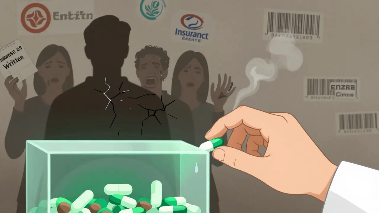 Pharmacist swapping medications, patient’s shadow fracturing, floating insurance logos and barcodes dissolving into smoke.