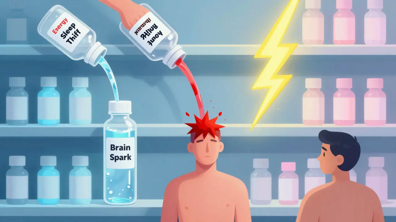 Pharmacy shelf with bupropion bottles pouring energy, anxiety, and seizure risks into a human figure, contrasted with calm antidepressants.