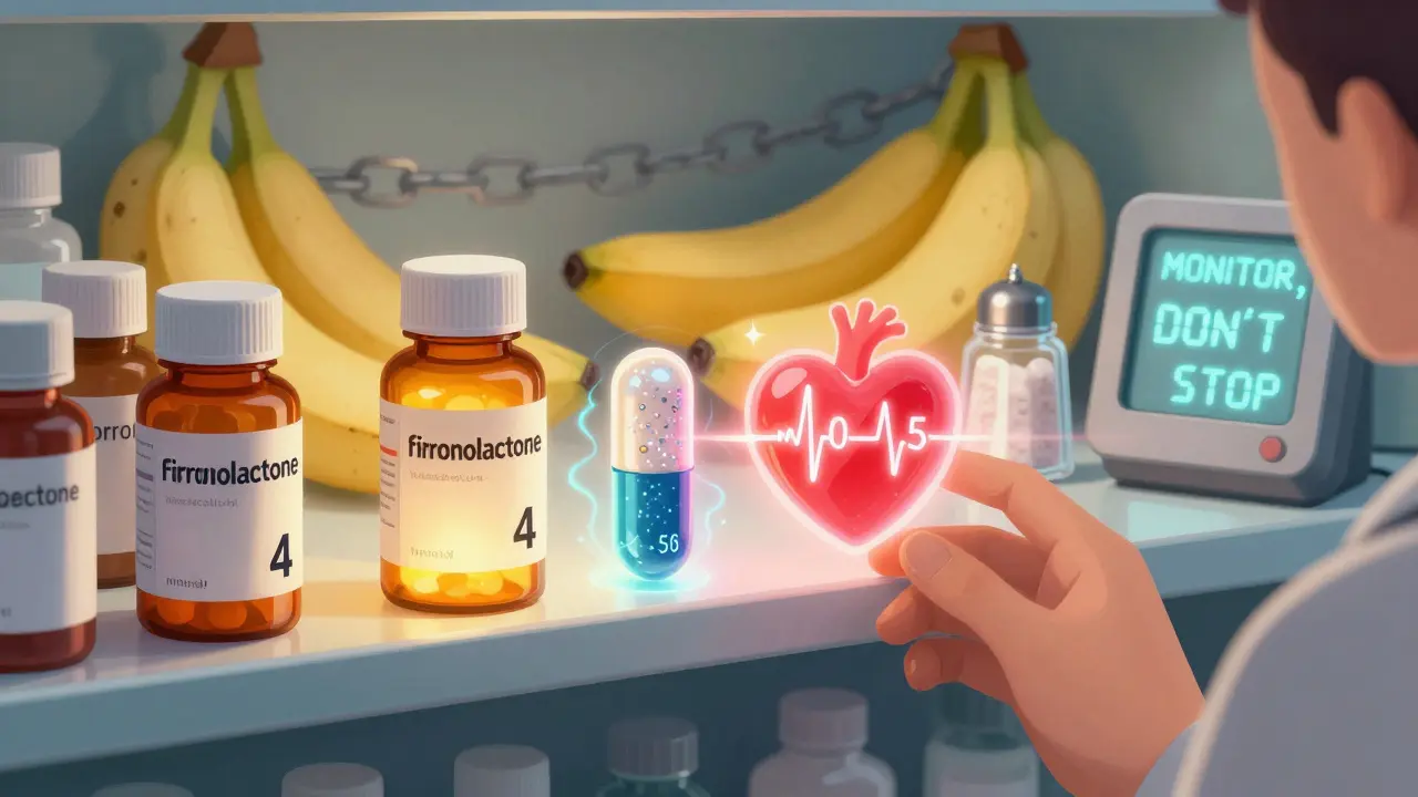 Spironolactone and finerenone on a pharmacy shelf, with dietary items fading as a heart glows safely between 4.0–5.5.
