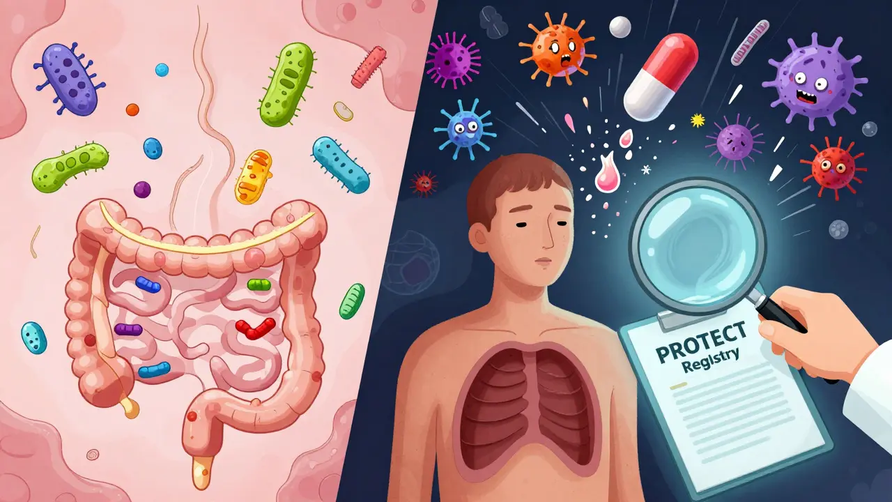 Split scene: healthy gut vs. probiotic explosion in an immunosuppressed patient, with a future research clipboard glowing faintly.