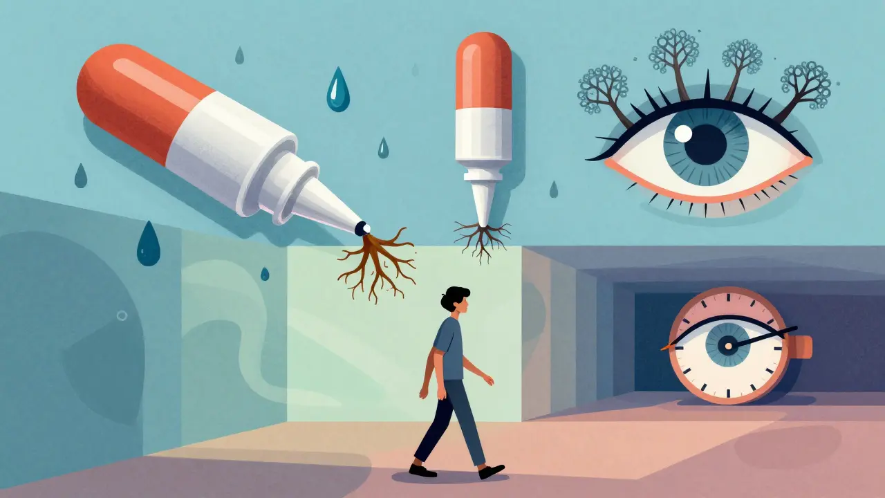 Steroid eye drops falling like rain, roots growing into the eye as peripheral vision dissolves into geometric shapes.