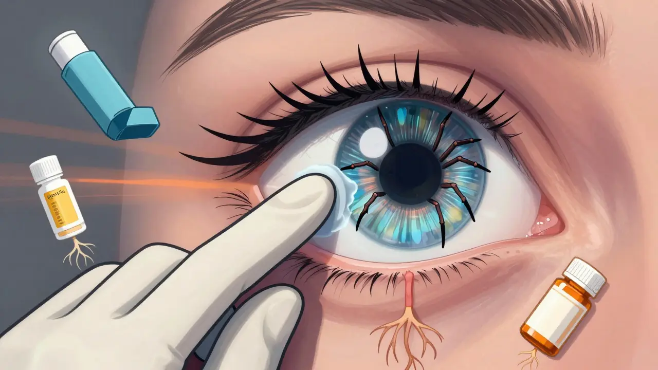 Surgeon replacing a cloudy lens with a new one, but a steroid spider reappears on the artificial lens.