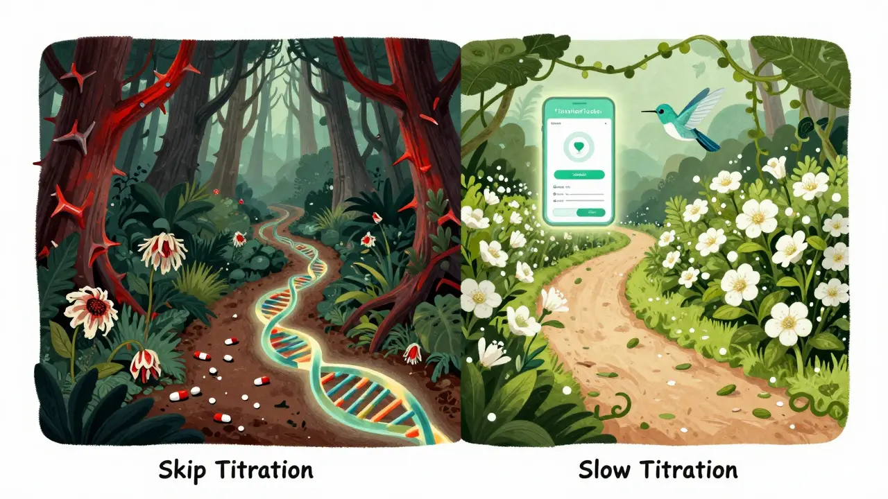 Two paths in a mind-garden: chaotic thorns vs. orderly blooms, with a glowing app and DNA helix symbolizing safe, personalized dosing.