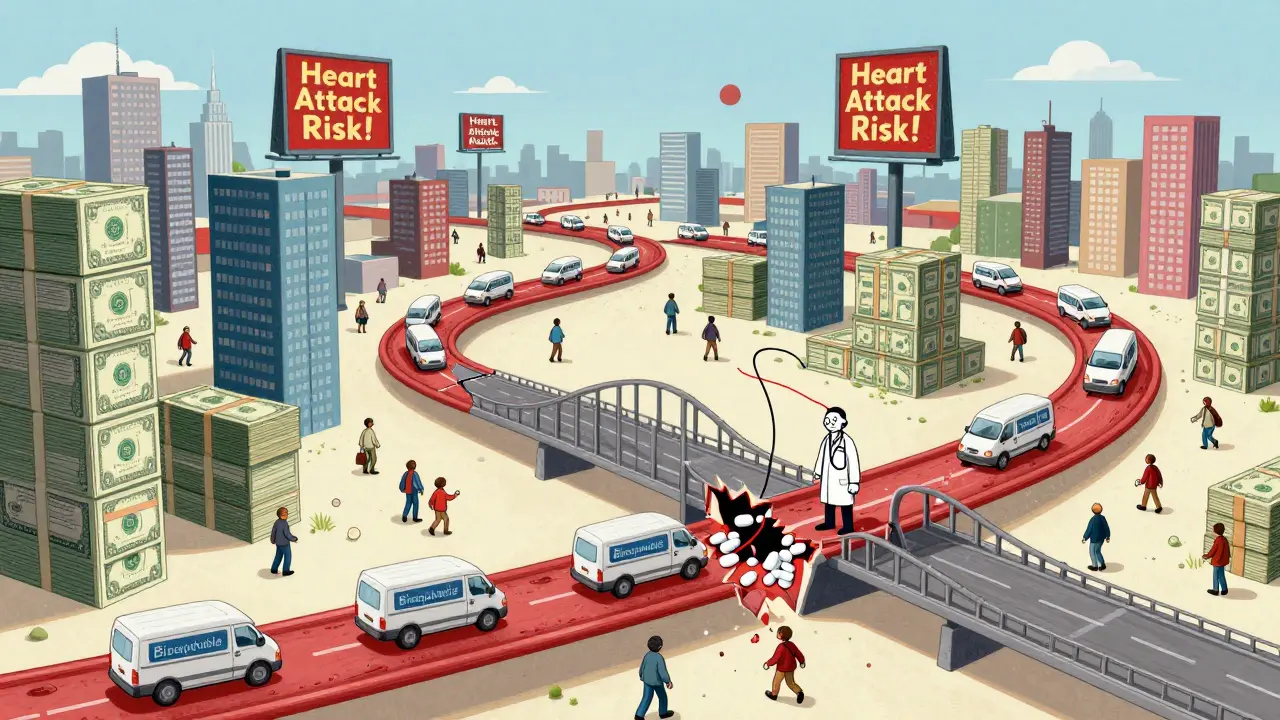 A bloodstream cityscape where safe generic drugs travel peacefully while false ads scare patients toward expensive alternatives.