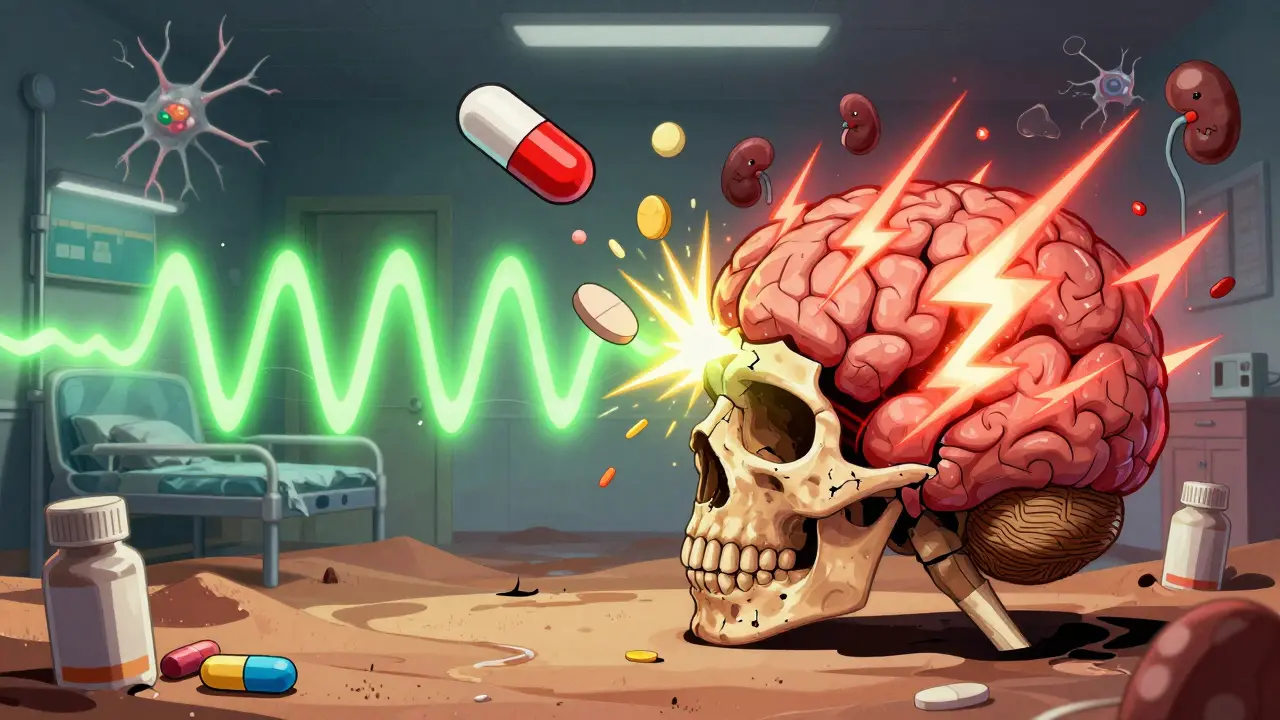 A brain with opposing green and red energy waves, struck by colliding antibiotic and painkiller pills.