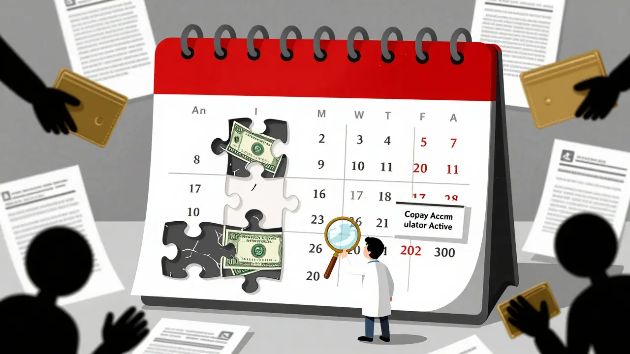 A calendar with cracked months shows financial pressure building as a magnifying glass reveals a hidden copay accumulator warning.