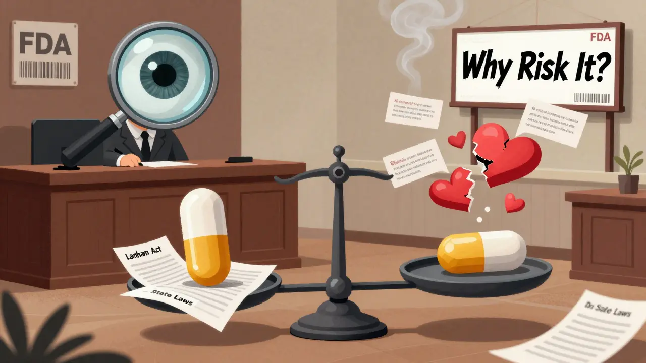 A courtroom where a generic pill is on trial against a brand-name pill, weighed down by legal documents and patient testimonies.