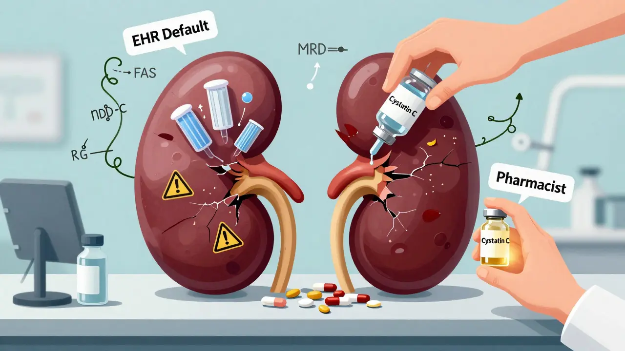 A cracked hourglass kidney spilling dangerous pills, with one hand stopping the flow and another holding a glowing test.