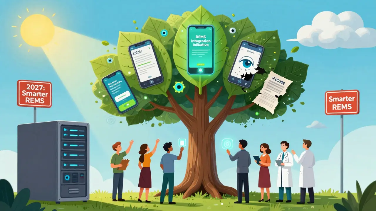A digital tree of apps and AI grows from an EHR server, withering forms below as patients reach toward glowing 'Smarter REMS' sunlight.