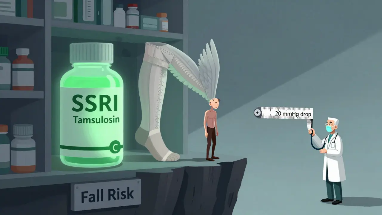 A frail figure at the edge of a cliff labeled 'Fall Risk' surrounded by giant medication bottles, with compression stockings as wings lifting them up.