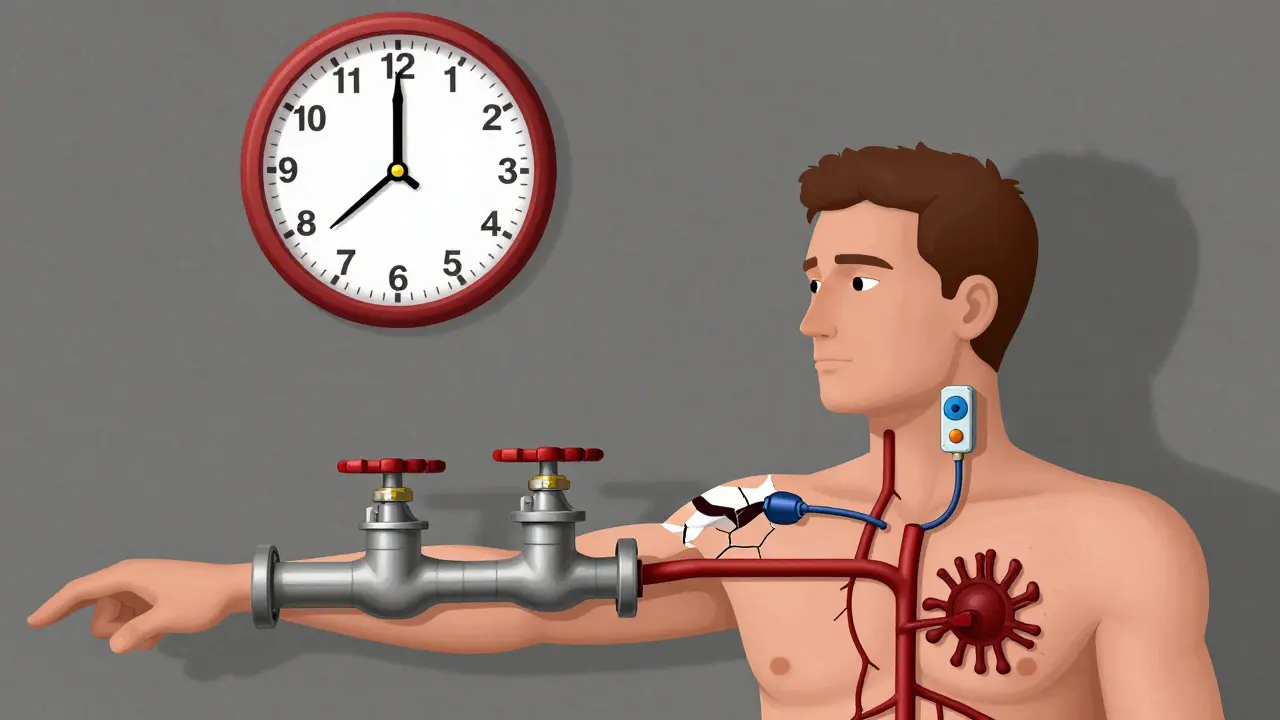 A human body as a leaking hydraulic system with diuretics draining fluid and valves wide open, clock ticking toward 3 minutes.