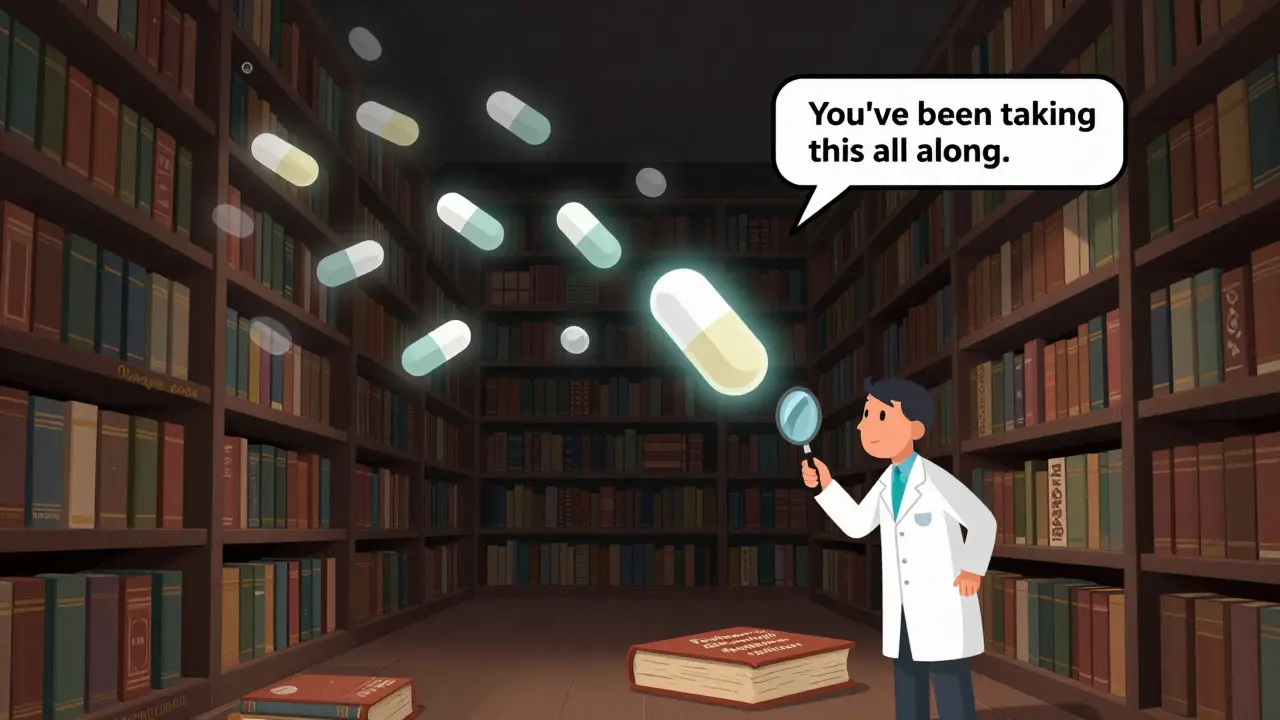 A librarian in a vast library examines a hidden FDA record as floating pills reveal their brand-name origins.