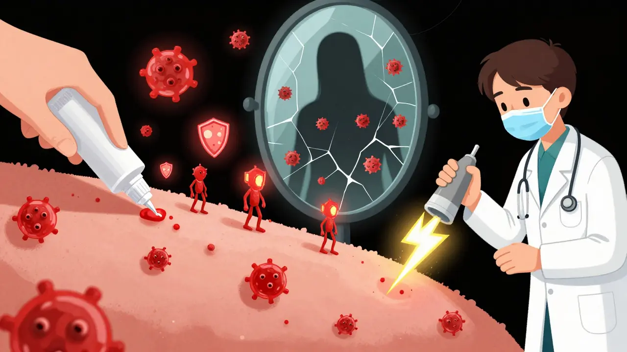 A patient applies immune-boosting cream while a doctor freezes a wart, with recurring warts reflected in a cracked mirror.