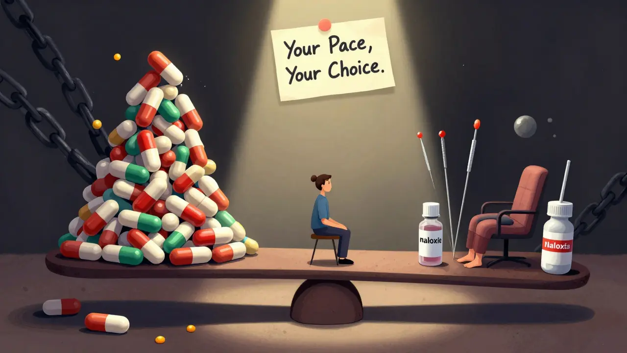 A patient balanced between crushing opioid pills and lightweight healing tools, lit by a warm beam of light symbolizing control and safety.