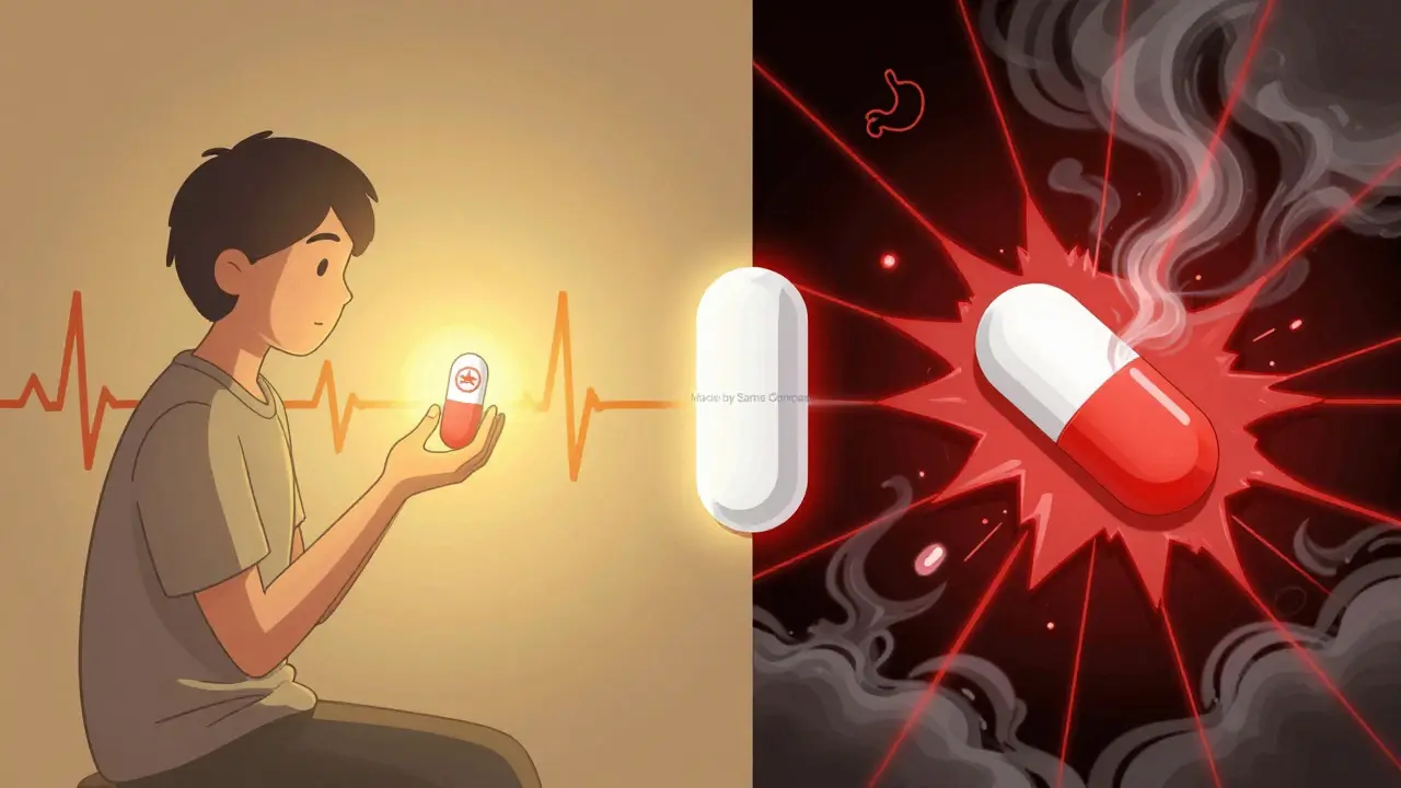 A patient holds two pills—one calm and stable, the other chaotic—with a third identical pill glowing peacefully between them.