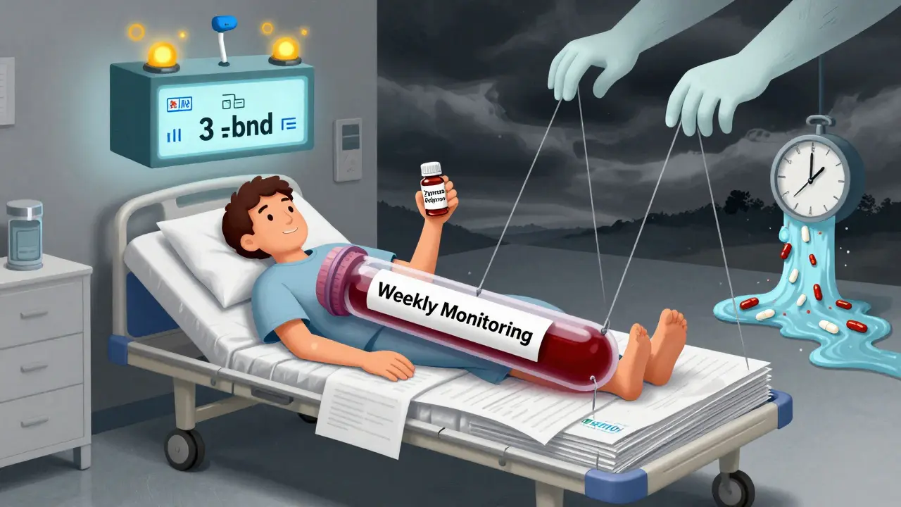 A patient on paperwork bed connected to blood tests and a floating clinic enforces observation, controlled by corporate strings in surreal abstract style.