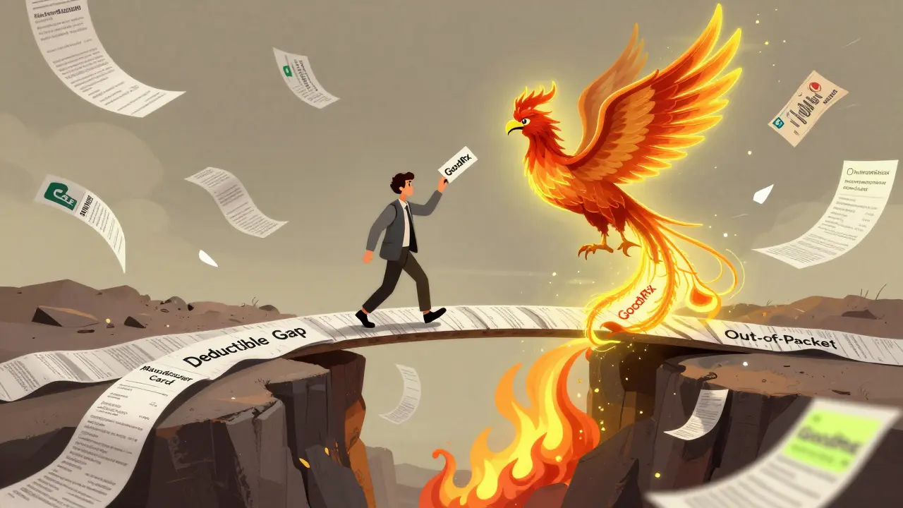 A person crosses a bridge of receipts over a deductible gap, dropping a copay card as GoodRx coupons rise from the flames below.