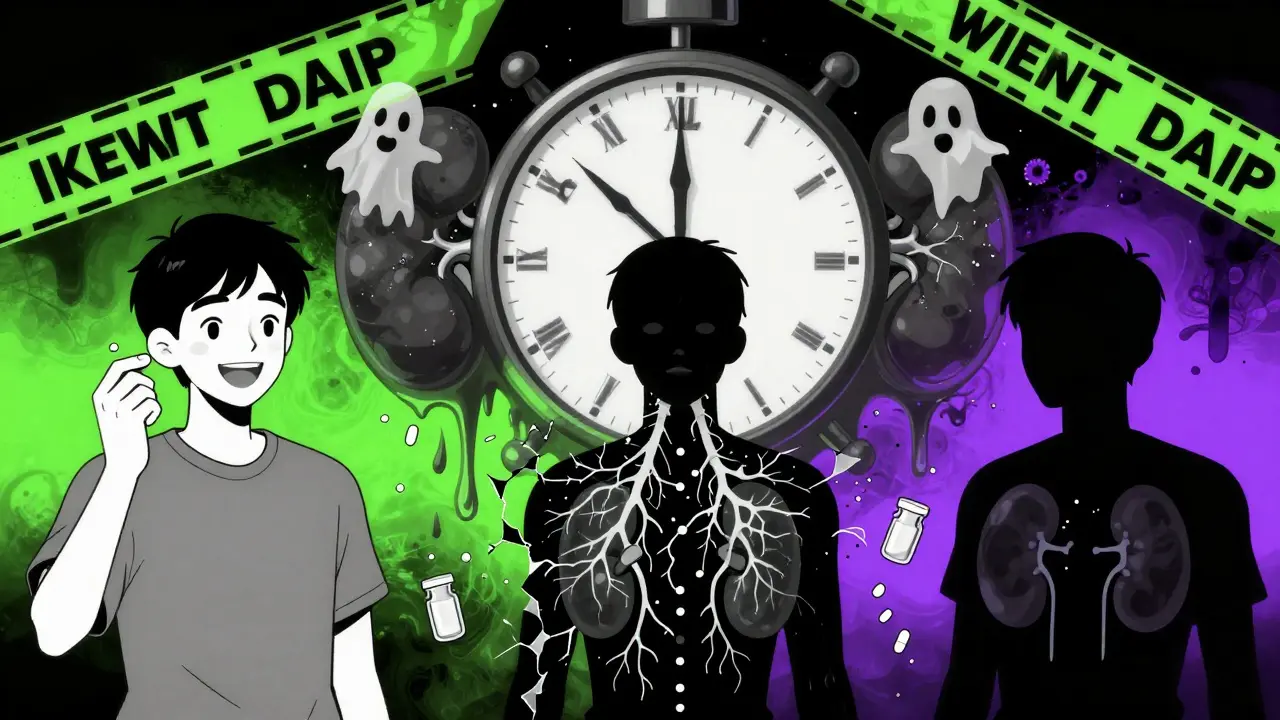 A person splitting into shadow selves as pill bottles rain down, with a melting clock merging into kidney and neuron.