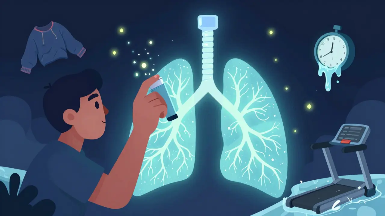 A person using a giant spacer as a cathedral, with medicine droplets flowing into lung roots.