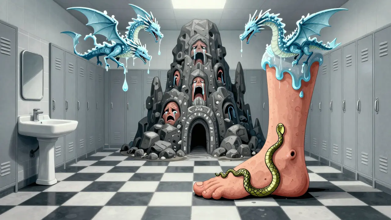 A plantar wart becomes a rocky fortress as frost dragons and acid snakes attack it on a tiled floor.