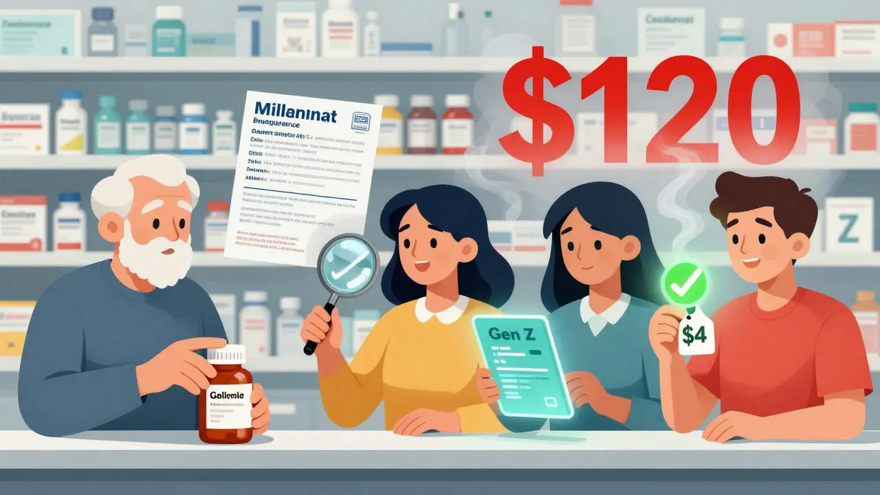 A surreal pharmacy shelf where four generations interact with generic medications in symbolic ways: Boomer, Gen X, Millennial, and Gen Z each reacting differently.