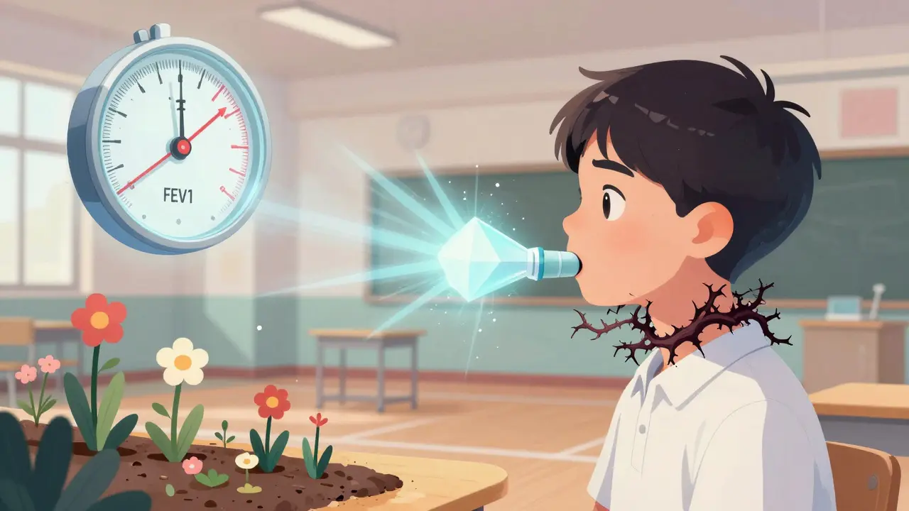 A teen in gym with choking vines being cut by an inhaler puff that blooms into open airways.