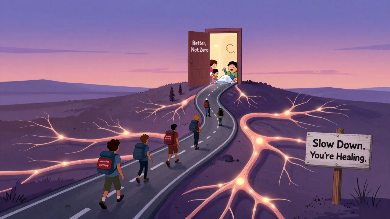 A winding road shaped like a nervous system leads to a door labeled 'Better, Not Zero,' with symbols of restored life at the summit.