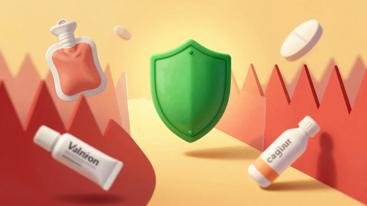 Acetaminophen shield protecting person from NSAID danger with heat pack