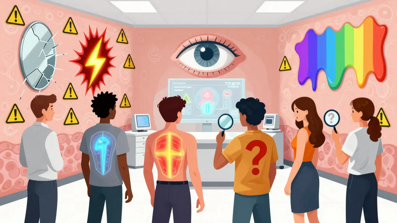 Diverse people in a clinic with floating skin patches displaying ABCDE warning symbols and a giant AI eye scanning them.