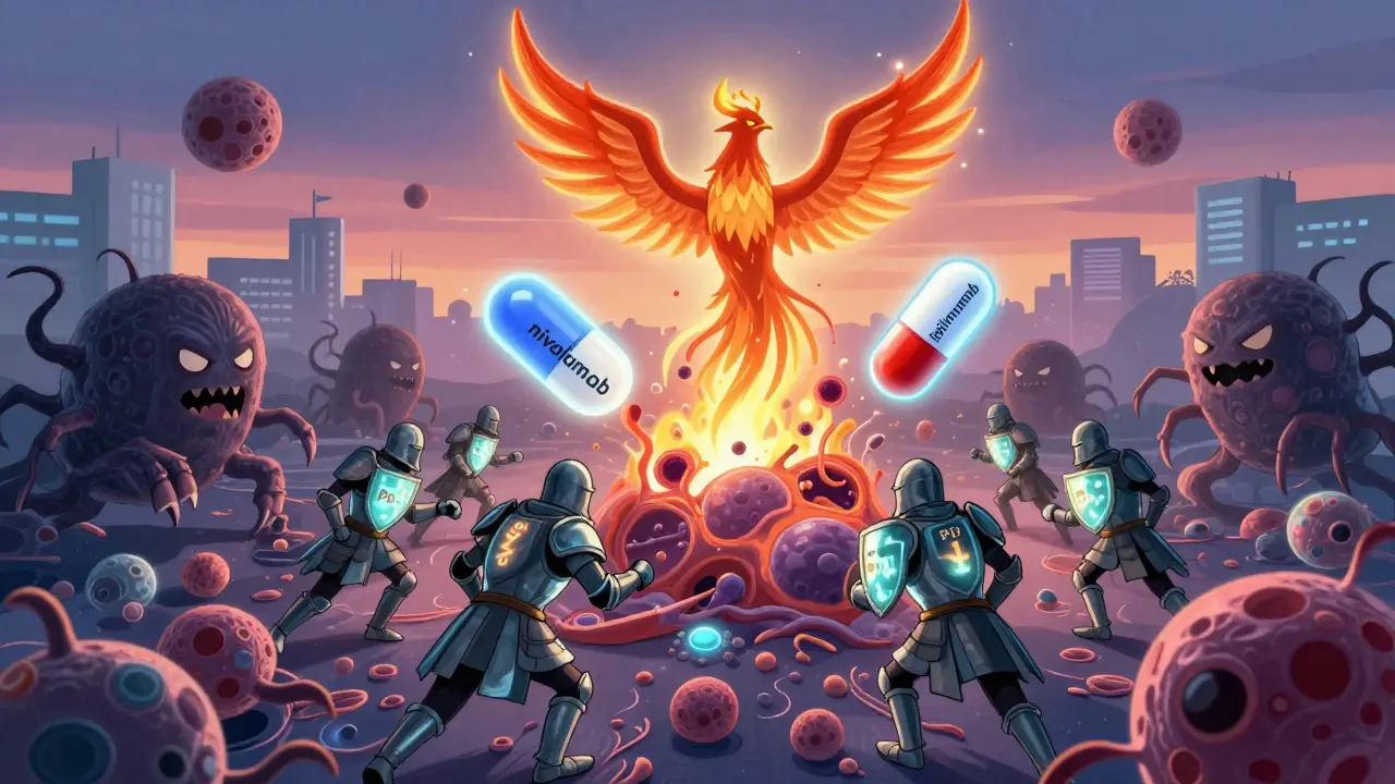 Immune cells battling melanoma monsters in a lymph node, with drug molecules merging into a phoenix of remission.
