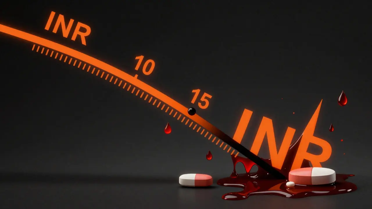 INR scale tipping into blood droplets with NSAID shapes causing spikes