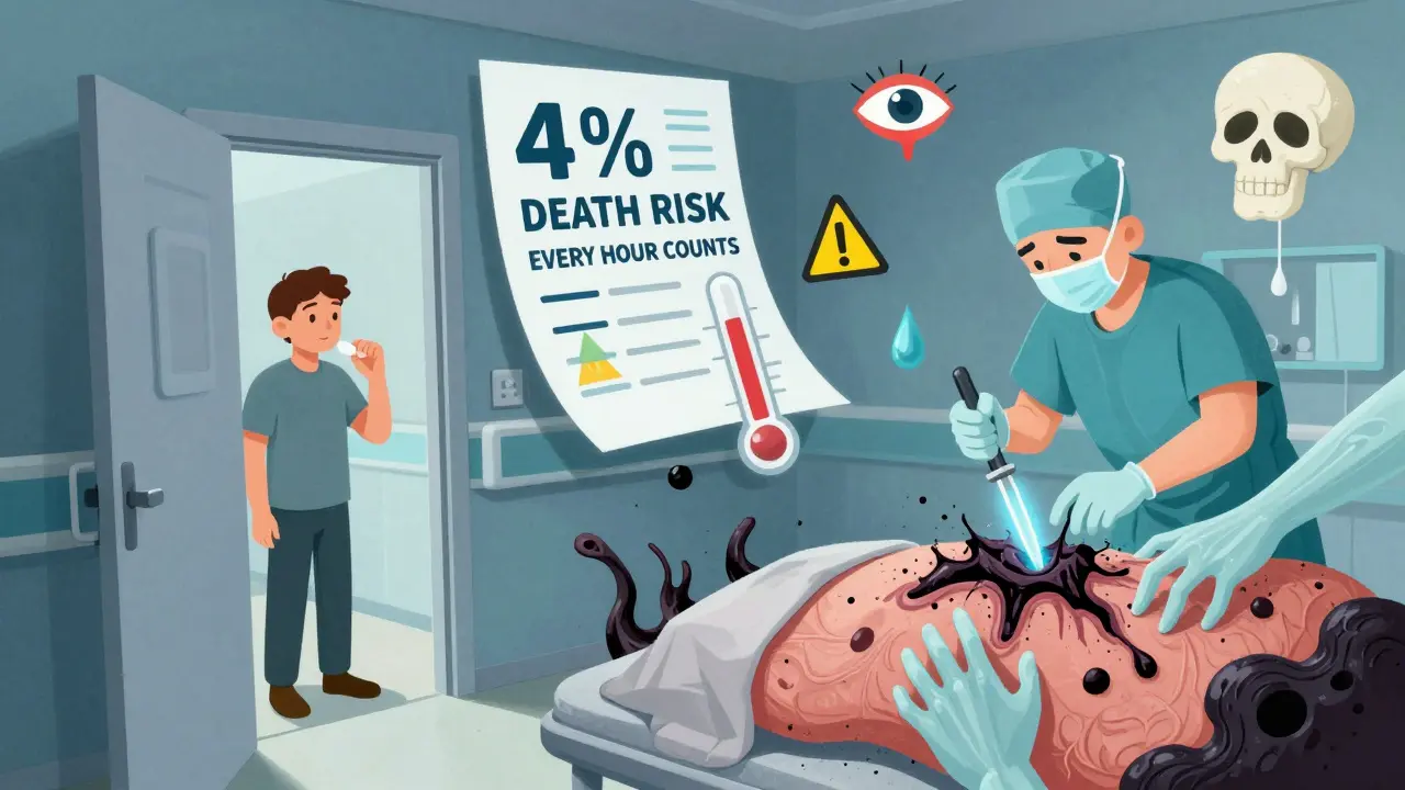 Surreal ER scene with collapsing time, surgical intervention, and warning symbols floating above a medical chart.