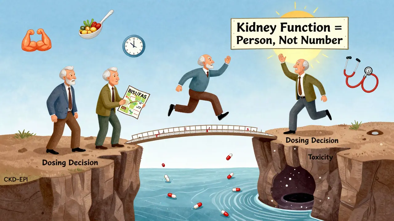Three seniors at a crossroads of kidney function calculations, one falling into toxicity, another choosing a safer path.