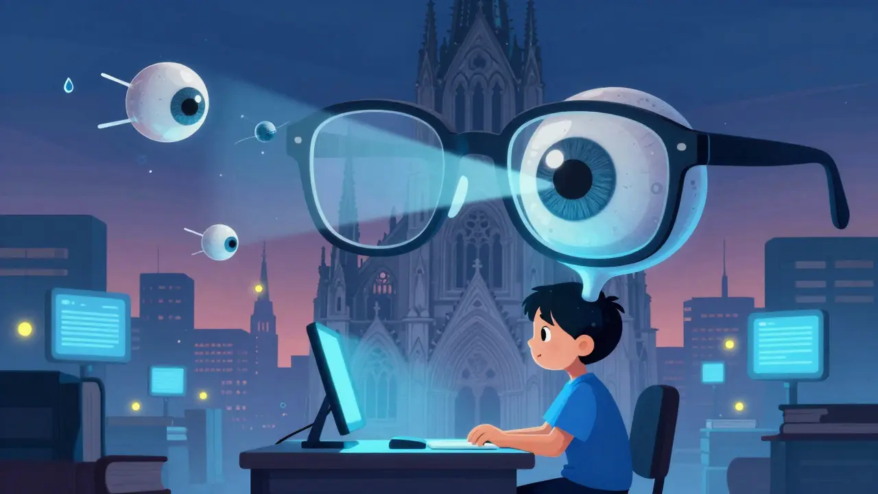 A child’s head morphing into an elongated eyeball, with corrective glasses towering like a building and ortho-k lenses orbiting like satellites.