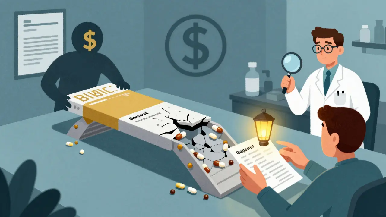 A doctor’s office where a prescription bridge splits between brand and generic, with lab results glowing and insurance icon pulling it down.