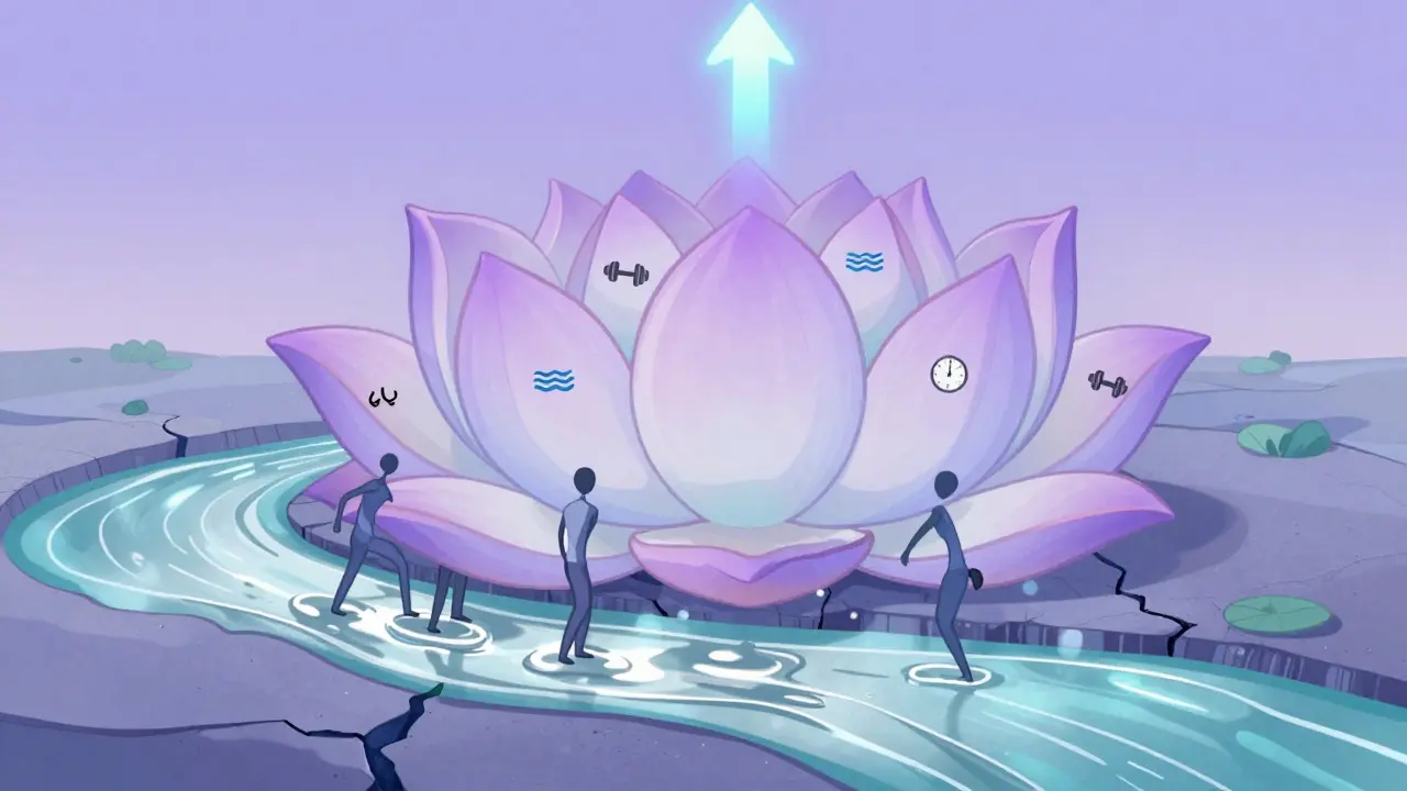 A hip joint blooming into a lotus flower with water and weight symbols, representing joint lubrication and strengthening.