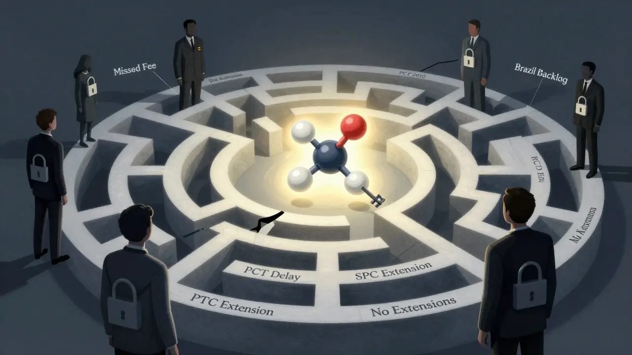 A labyrinth of patent documents with pathways for extensions and dead ends, a glowing drug molecule at the center surrounded by generic manufacturers.