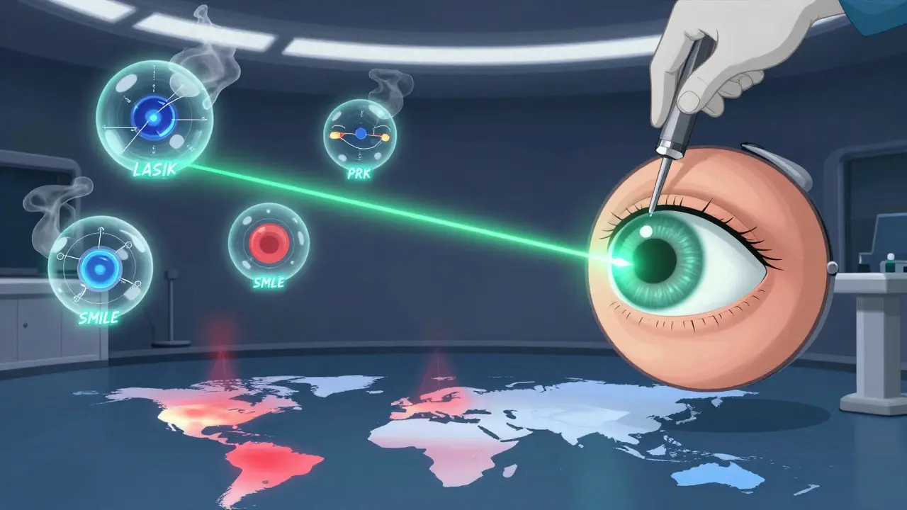 A laser sculpting a cornea in a futuristic operating room, with floating procedural diagrams and a glowing eye regaining perfect focus.