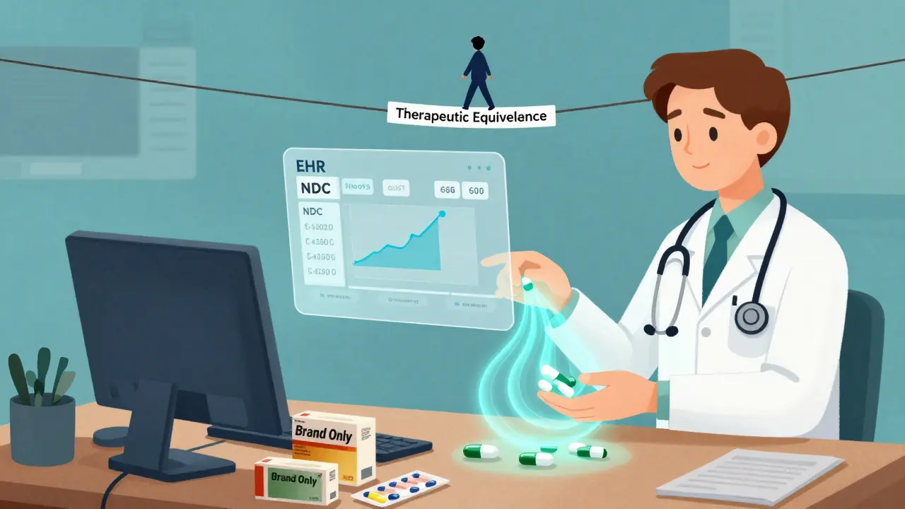 A modern pharmacist replaces outdated brand-name drugs with glowing generics, connected by an EHR message and therapeutic equivalence.
