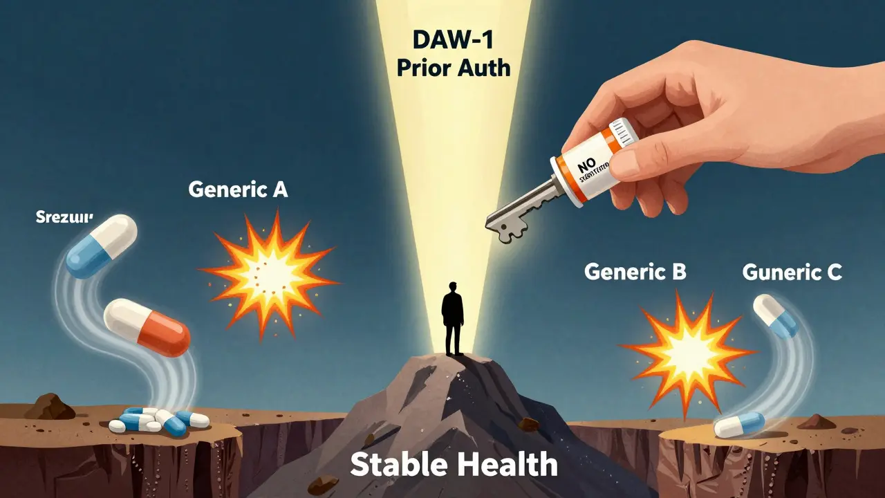 A person on a health mountain looking down at a chasm of generic pills causing explosions, with a light beam offering a key labeled 'No Substitution'.